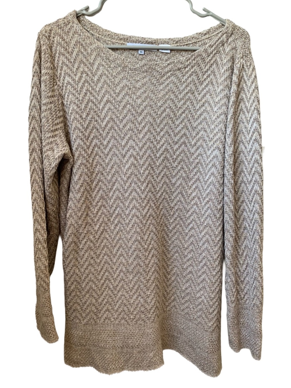 Women’s Tan Cream Chevron Pattern Side Slit Long Sleeve Cotton Tunic Sweater